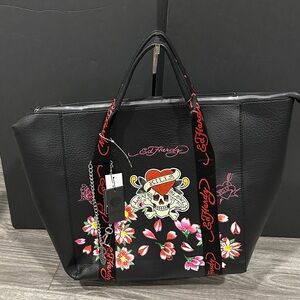 Ed Hardy Black Tote with Floral and Skull Design